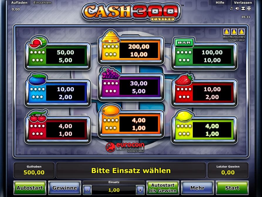 Cash 300 Casino Paytable