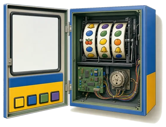 Spielautomat als Wandgerät mit geöffneter Tür: Walzensatz, Platine und Zeitrelais im Gehäuse