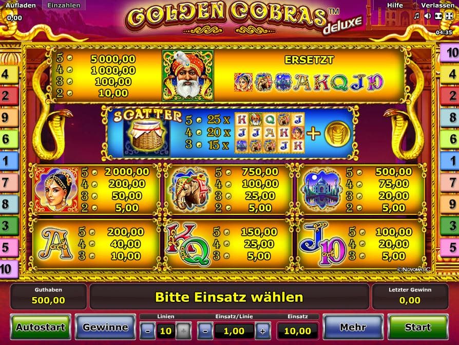 Golden Cobras Deluxe Paytable