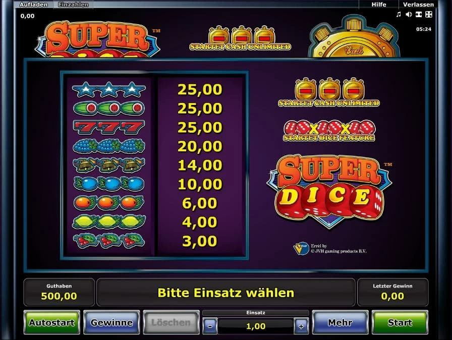Super Dice Paytable